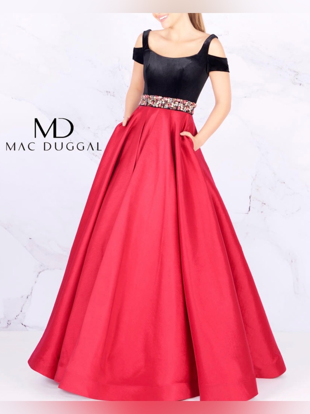 Mac Duggal 77506H Black Velvet Red Satin Ball Gown Prom Dress